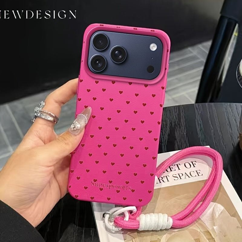 TEMU Coque de téléphone - Convient pour Apple 11/12/13/14/15/16/17/Pro/Max, Coque de téléphone, Texture en similicuir Rouge Petit Cœur avec cordon,