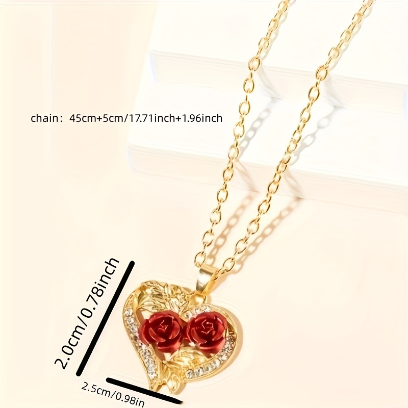 Women's Rose Flower Heart-Shaped Rhinestone Pendant Necklace