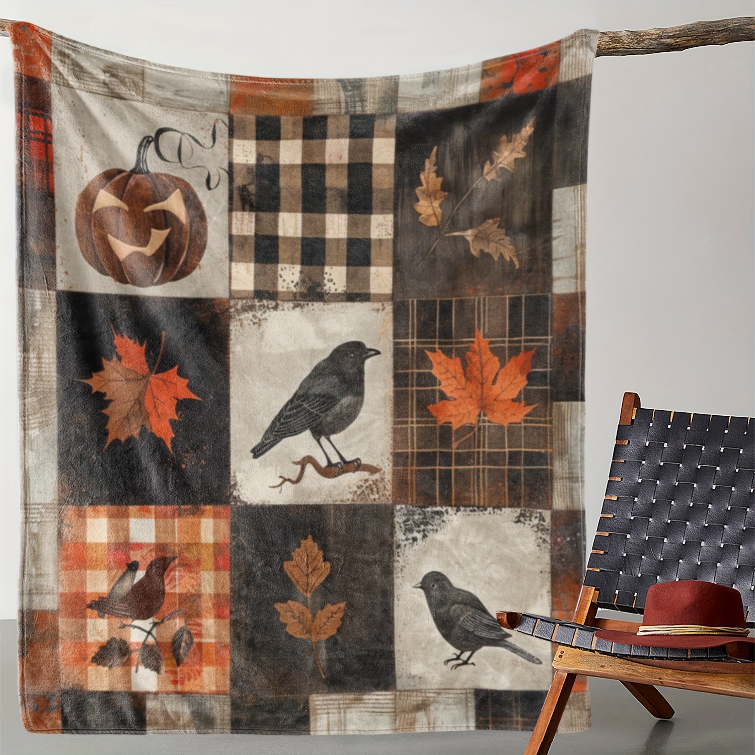 

Cozy Flannel Throw Blanket With Pumpkin, Bird & Maple Leaf Design - Soft, Warm Autumn-themed Blanket For Couch, Bed, Car, Office, Camping - Gift