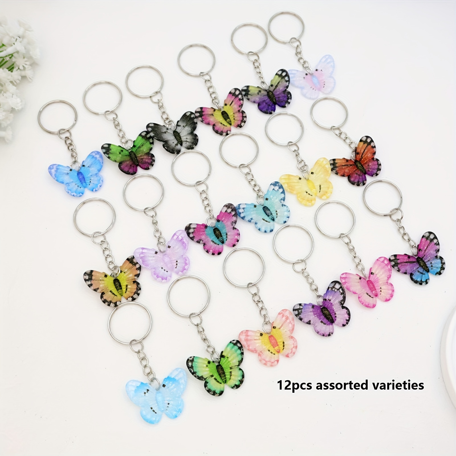 TEMU 12-piece Set Elegant Acrylic Butterfly Keychains - Fashionable Multicolor Butterfly Keyrings For Party Favors And Gifts