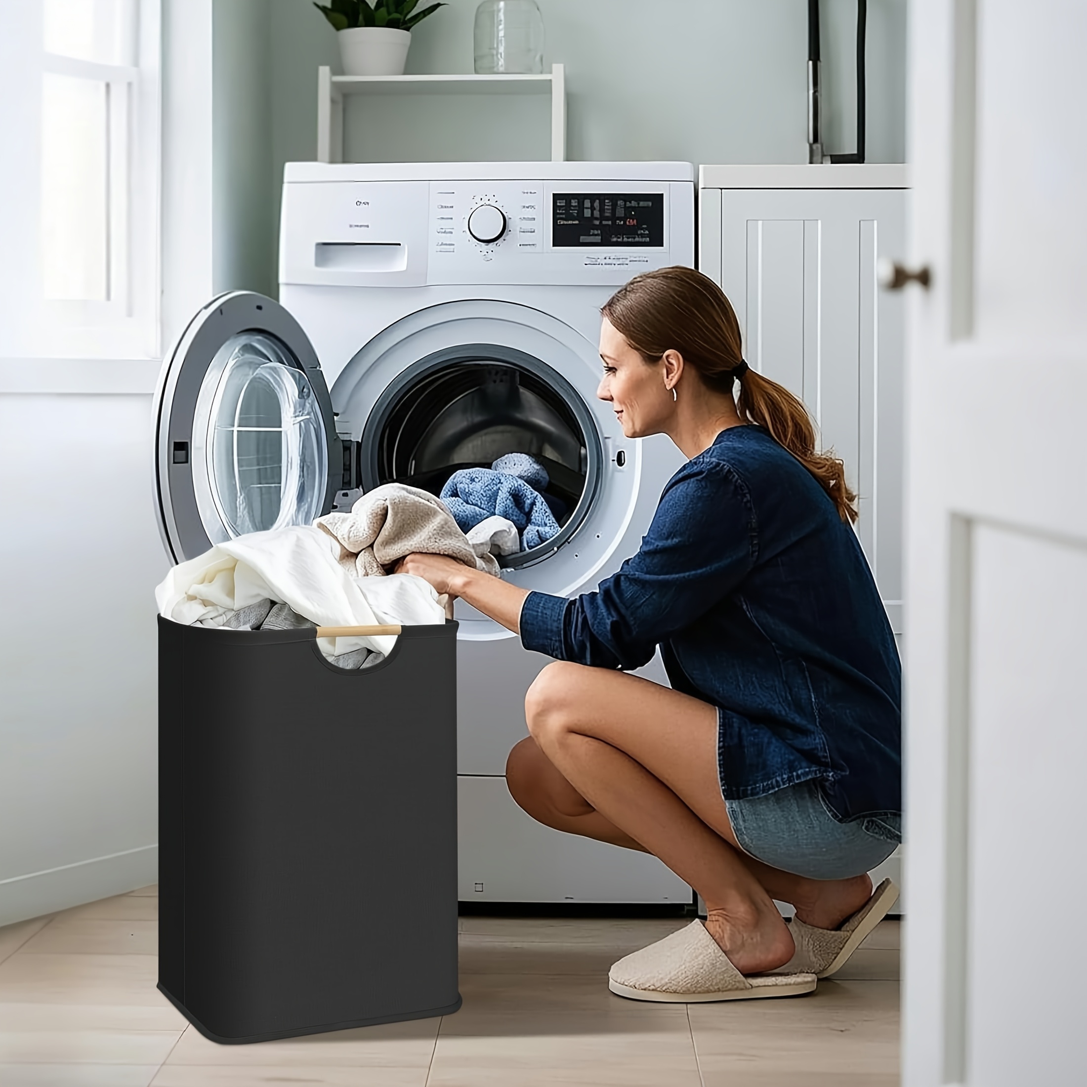 1pc/2pcs 72L Large Capacity Pure Black Laundry Basket, Solid Wood Handle, Black Minimalist Style, Foldable and Portable, Suitable for Storing Clothes, Books, Sundries, Etc., Ideal for Bathroom, Bedroom, Wardrobe, and Utility Room – Multi-Functional