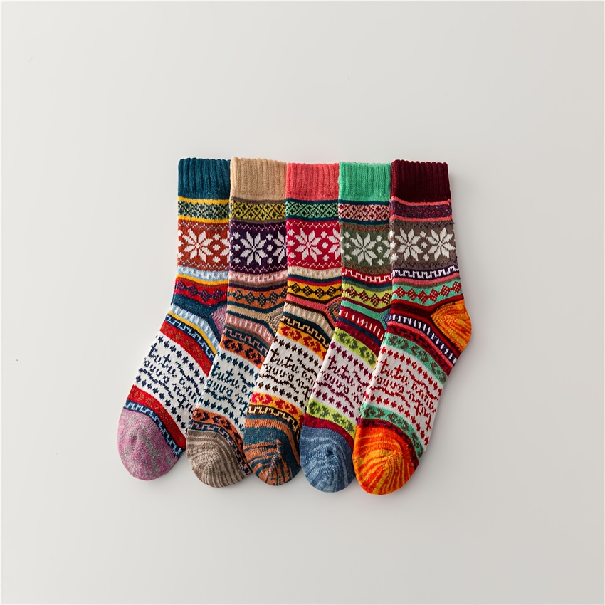 E-shop 5-Pack Damen Dicke Wollsocken für Herbst Winter, Bequeme Warme Doppelschicht Ethno-Stil Socken, Dicke Warme Socken für Schneereiche Kalte Winter