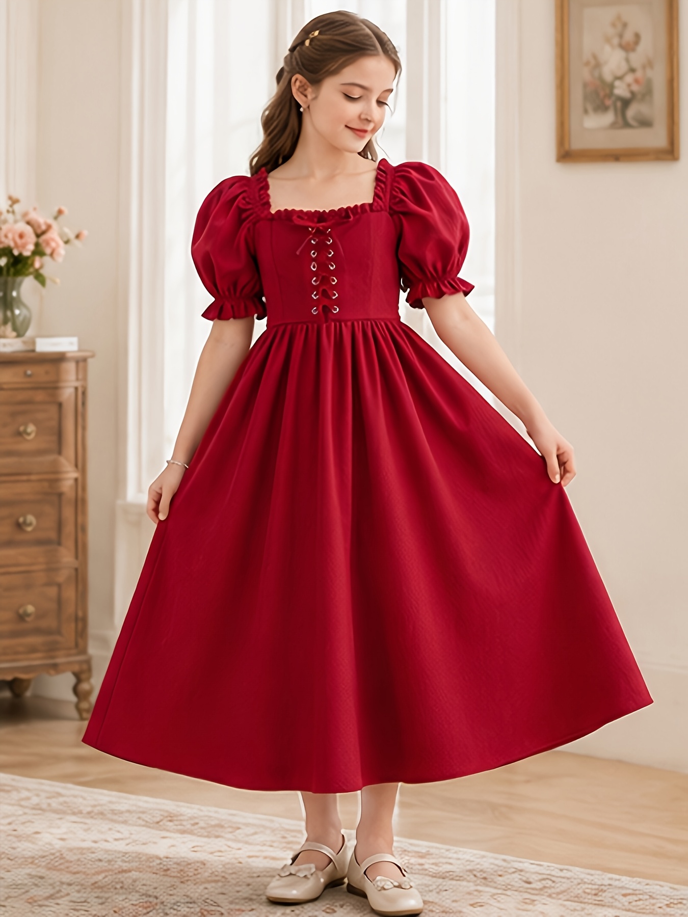 burgundy festive dress 1pc spring summer autumn style square Stock:Made to Order 500-800 La Femme 32632 - Evening Recommended hand wash seperately