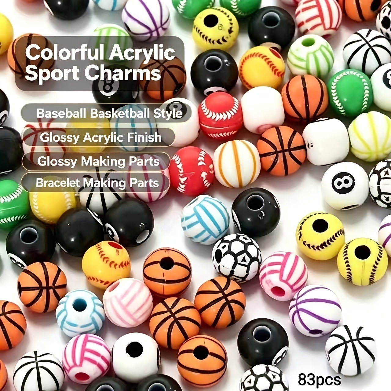 TEMU 83pcs 8mm Assorted Sports-themed Beads, Basketball Baseball Soccer Patterns With Through Holes For Clothing, Shoes, Boots, And Jewelry Additions