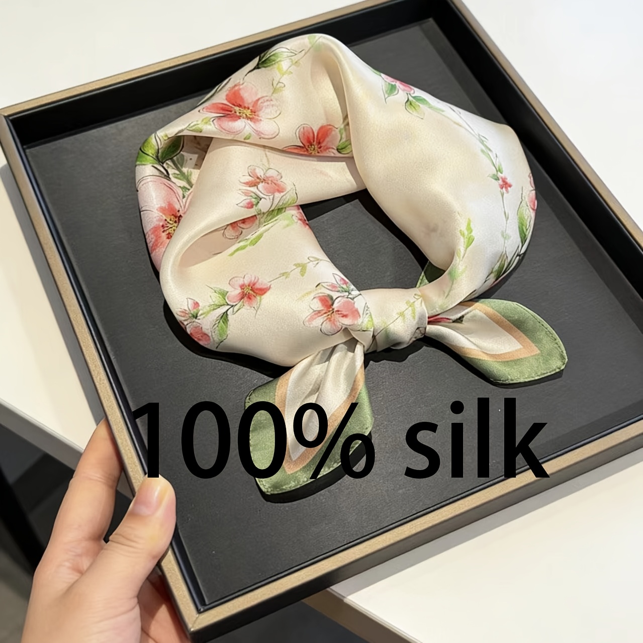 TEMU Women' 100% Silk Chinese Floral Branch Scarf Suitable For Neck, Hairband & Bag Accessory - Soft Beige Base With Pink Floral Print, Lightweight