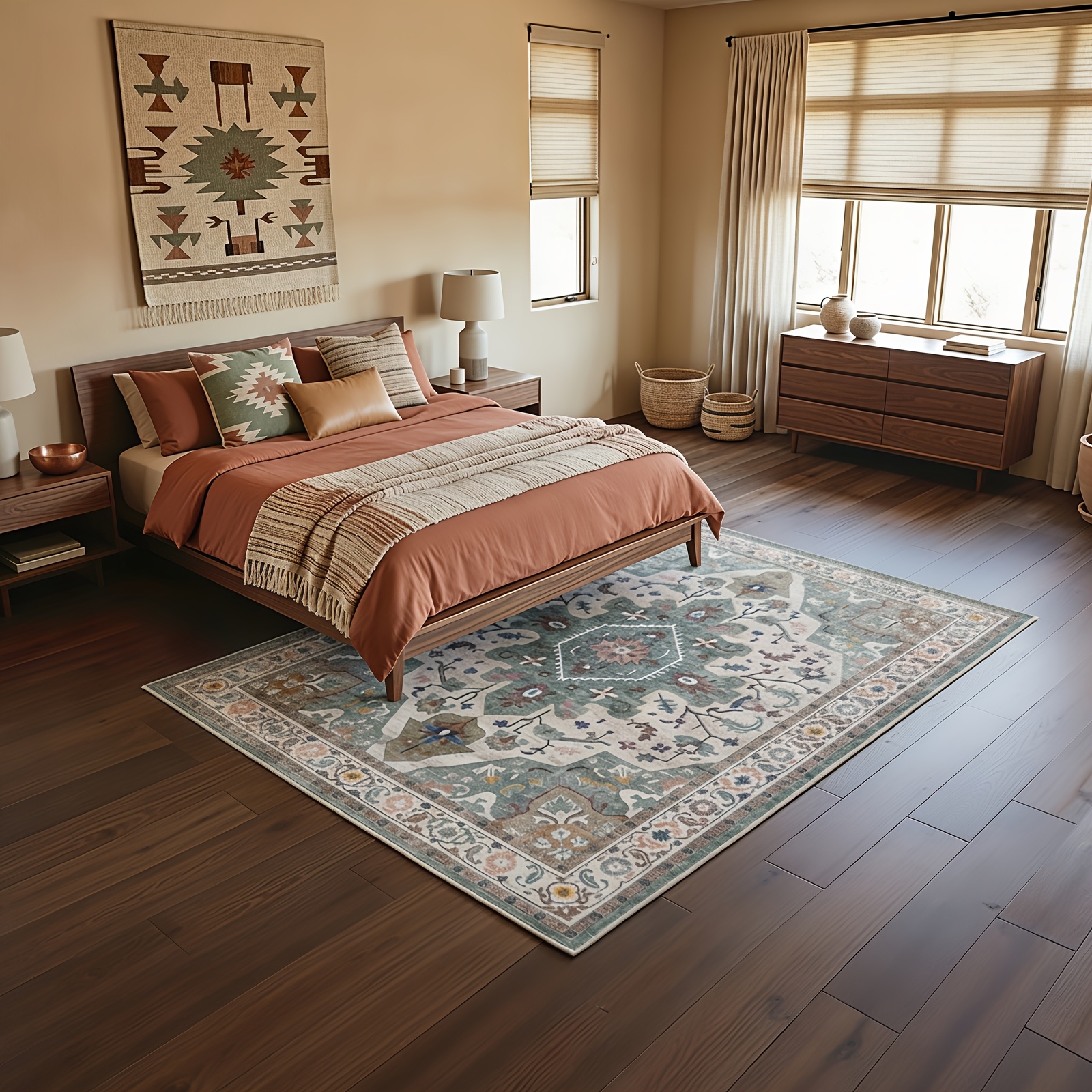 Image of 150x210cm, Bohemian Style Living Room Carpet, Retro Pattern Short Pile Floor Mat, Easy To Clean, Suitable For Entrance, Kitchen, Bedroom, Retro Beige/ Light Green