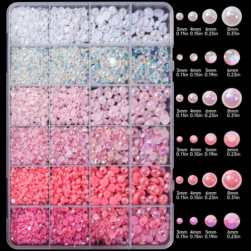 E-shop 5300 Stück Pink & Weiß AB Harz Strass & Halbrunde Perlen Set | Flatback Nagelkunst Charms, Nicht-Hotfix Edelsteine für Bastelarbeiten, Schmuck,