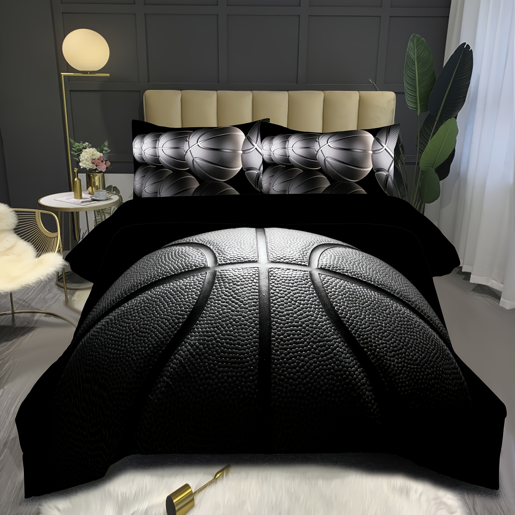TEMU Juego de nórdica de 2/3 piezas (1 nórdica + 1/2 de almohada, sin ), juego de ropa de cama estampado de baloncesto negro, nórdica y cómoda, para dormitorio, habitación de invitados