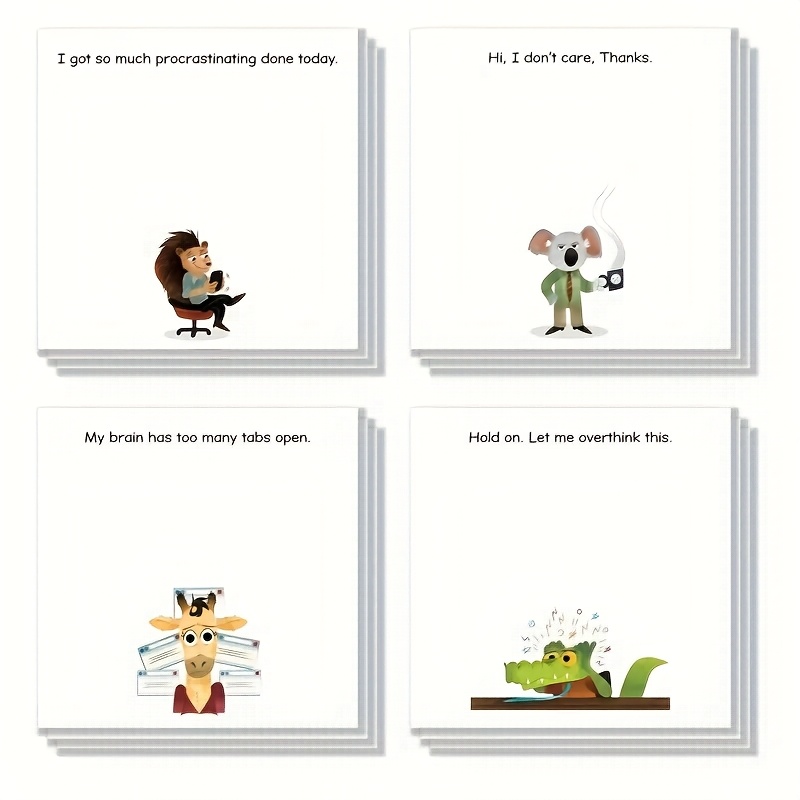 E-shop 4 Stück Humor Büro Haftnotizen, 7,62X7,62 cm, 50 Blatt Papier/Brett, Haftnotizbrett mit humorvollen Cartoons und Zitaten, für Schule, Büro,