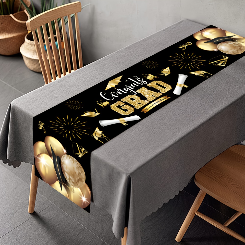 

1pc, 2024 Graduation Happy Black And Golden Table Runner, Party Decoration, 180cm * 35cm/70.8 Inches * 13.8 Inches, Graduation Dinner Party Table Cloth, Graduation Season Dinner Table Flag