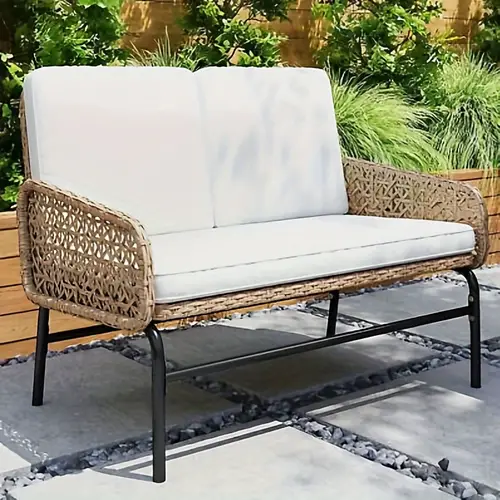 patio loveseat wicker outdoor furniture all weather rattan conversation loveseat for backyard balcony and deck with soft cushions light