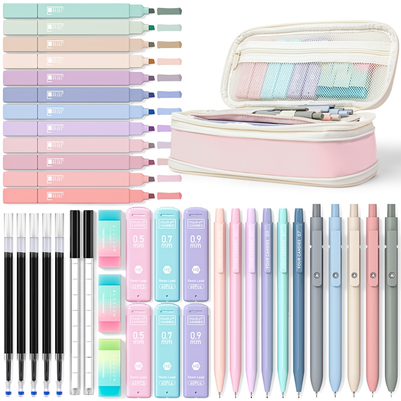 4 Candies 39pcs Aesthetic Supplies Set With Cute Pen Case, Includes 12 Pastel Highlighters, 5 Black Ink Gel Pens & 6 Mechanical Pencils (0.5mm/0.7mm) – Perfect Back-to- Essentials!