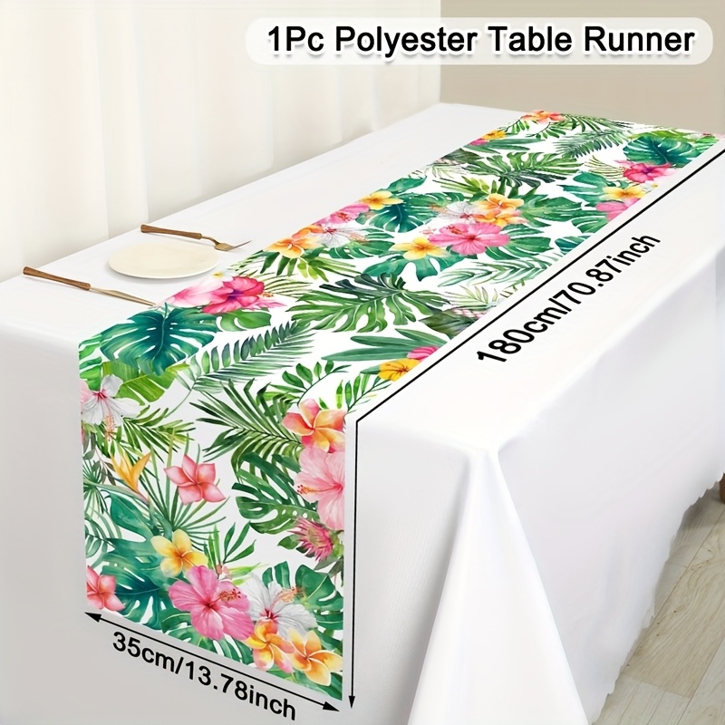 1pc Hawaiian Polyester Table Runner, Design With Red & Yellow Flowers And Leaf Summer Style Table Flag, Suitable For Kitchen & Celebration, Picnics-35*180 Cm