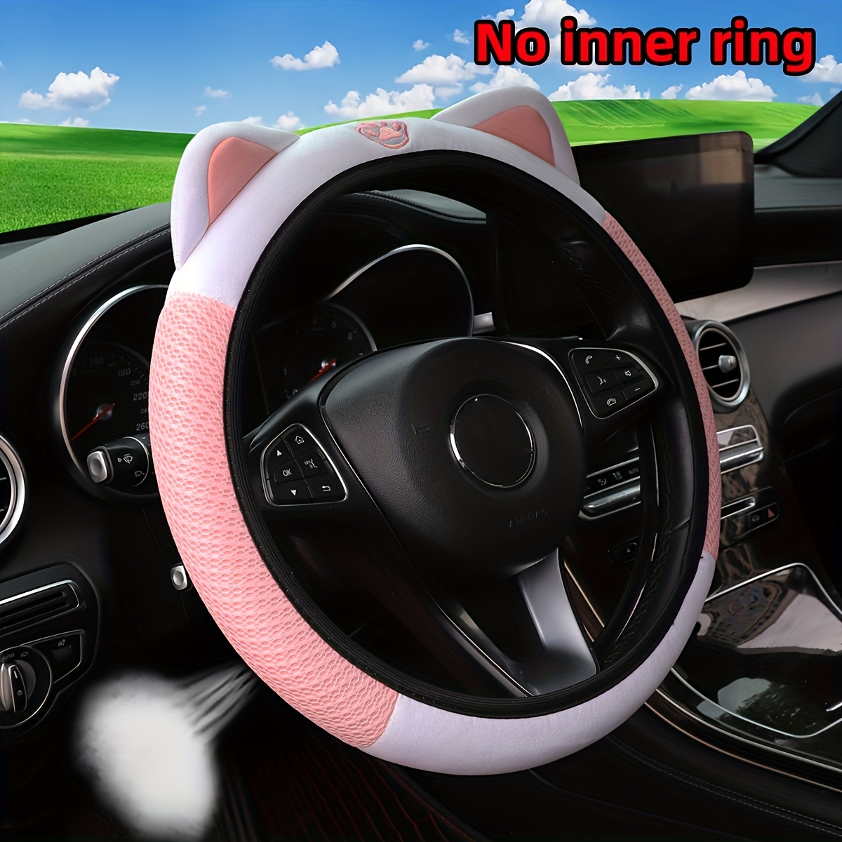 TEMU 1pc Housse de volant de voiture d'été respirante en avec chaton , élastique et extensible, , convient aux accessoires de voiture de 14,5 à 15