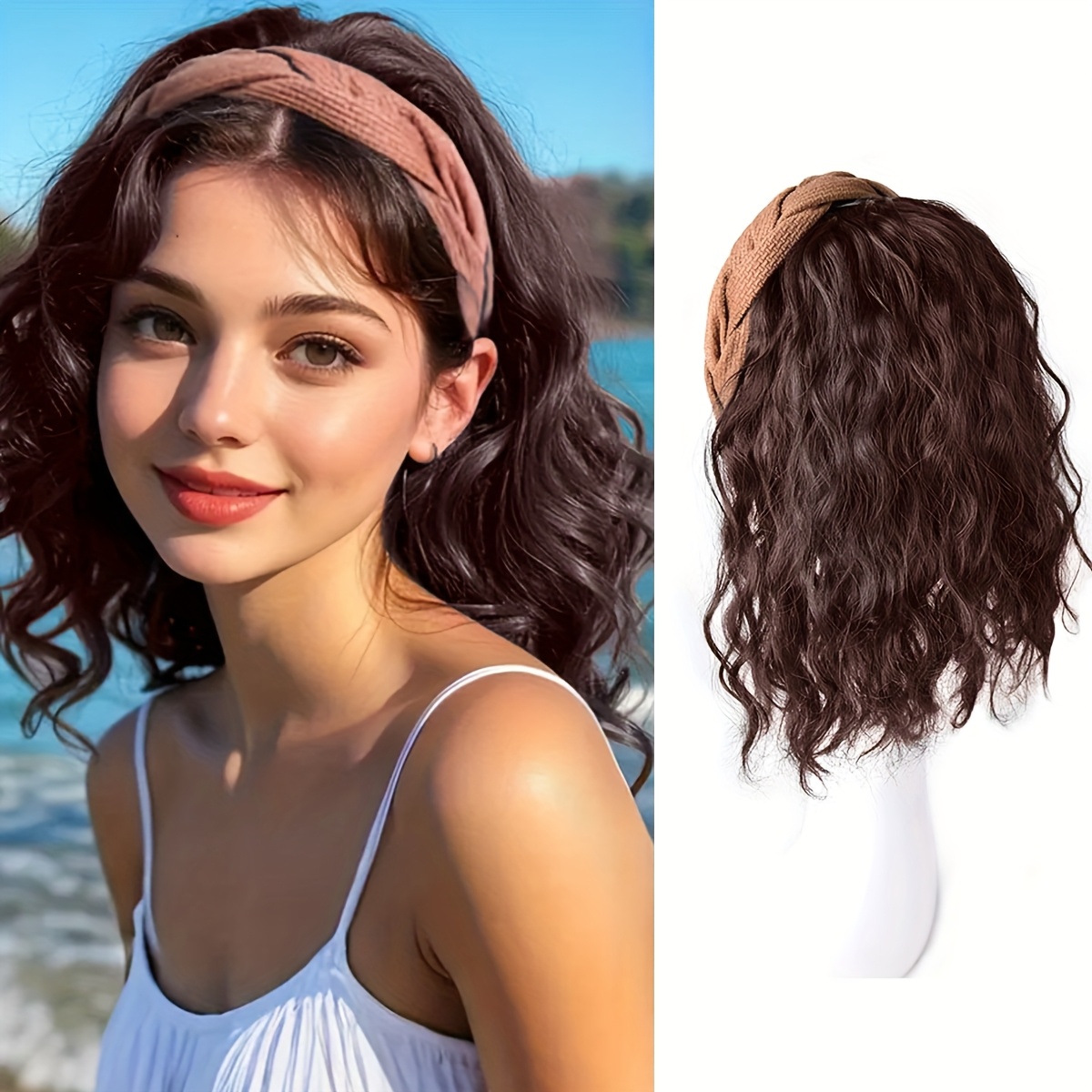 TEMU Bande de cheveux artificiels marron noir, demi-set , perruque synthétique légère et respirante, patch de cheveux enroulés adapté au port
