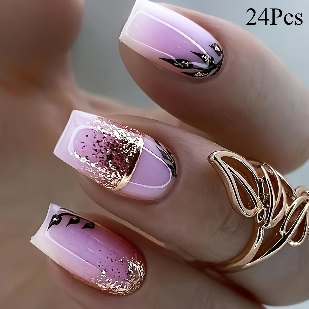 

48 Pieces Purple Short Square Acrylic Fake Nails With Design Leaf Pattern, Spring Nail Decoration For Women And Girls, Comes With Jelly Glue And Nail Files