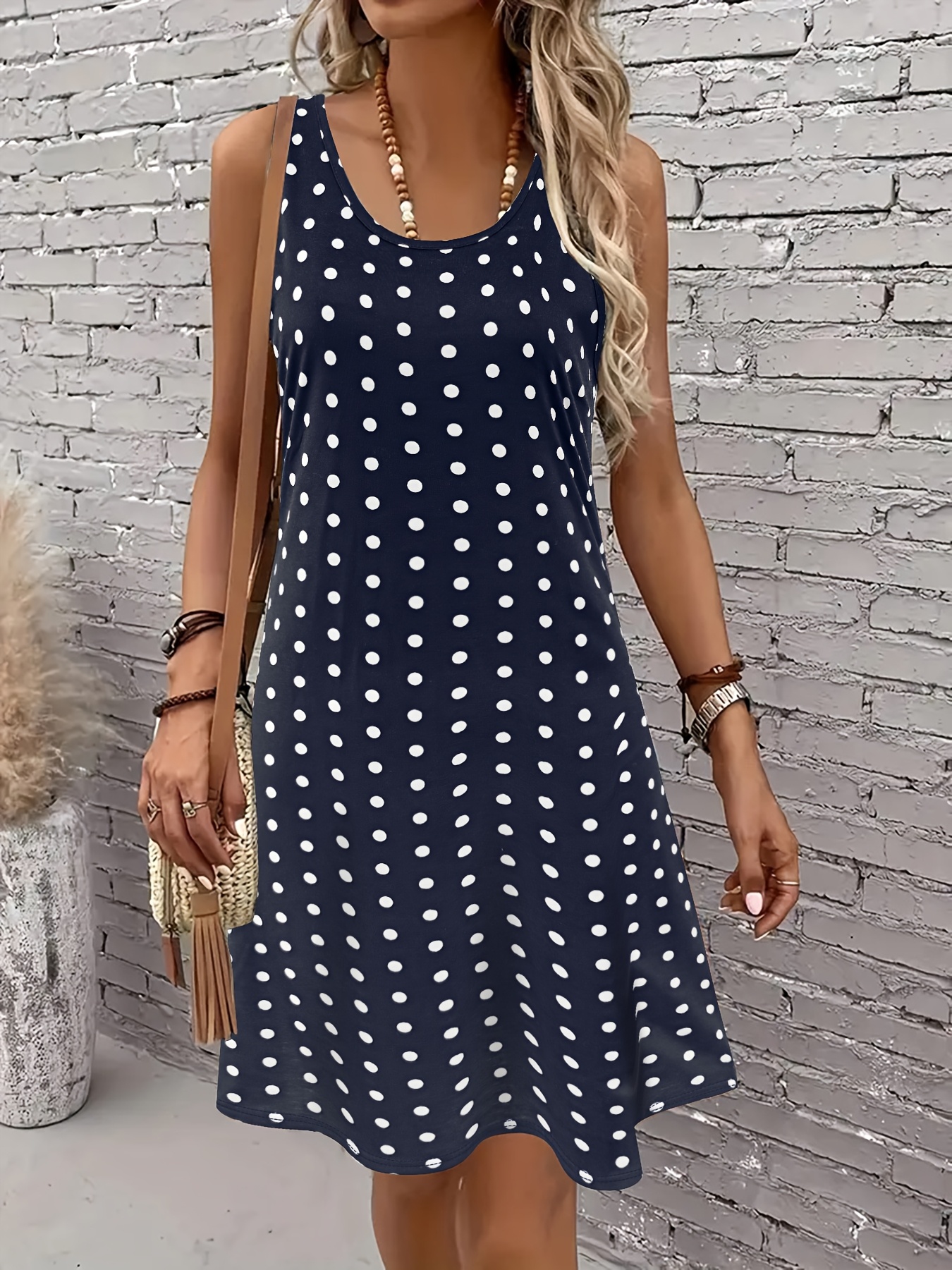 Women's Summer Boho Polka Dot Swing Dress - Sleeveless V-Neck Midi With Pockets
