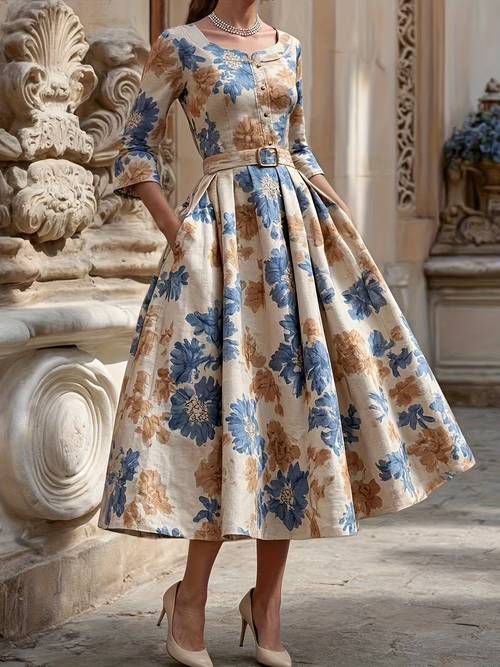 french style vintage print dress for women unique and beautiful afternoon tea length dress