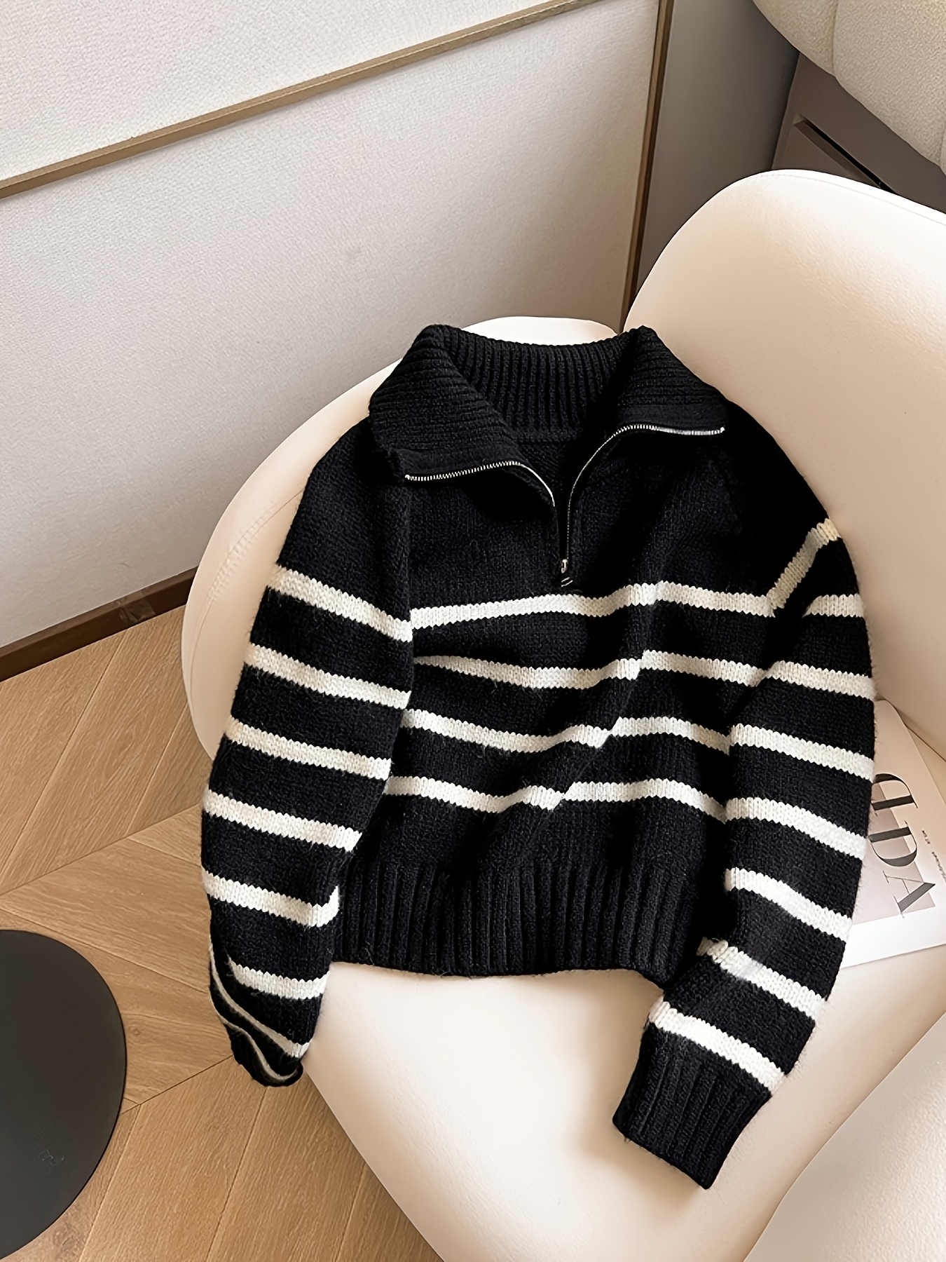 Women's Black White Striped Half-Zip Turtleneck Sweater Soft Stretchy,  Contrast Collar Detail, Relaxed Fit Long Sleeve Winter Pullover, Machine Wa