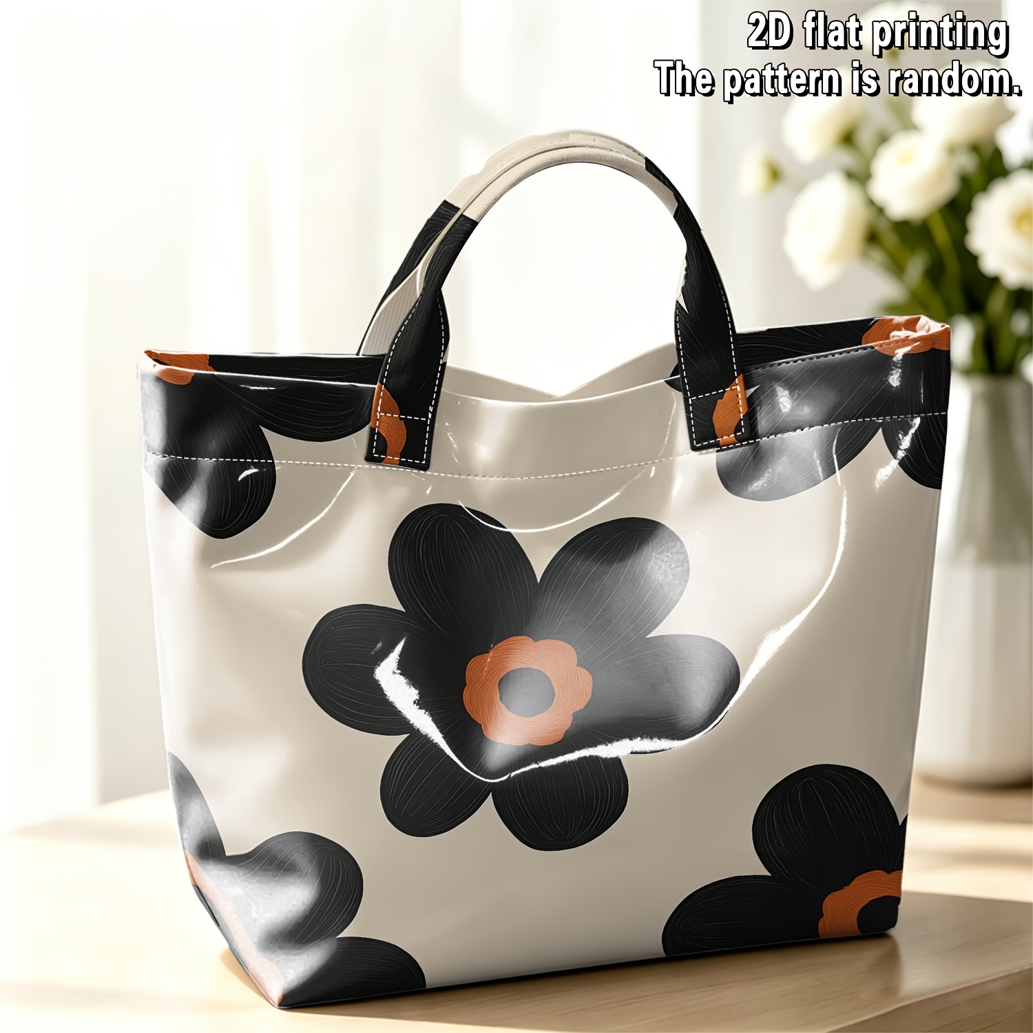 TEMU Sac fourre-tout de voyage pour femmes en PVC, avec impression plate 2D rétro noire et orange à fleurs | Grand sac à main polyvalent de qualité