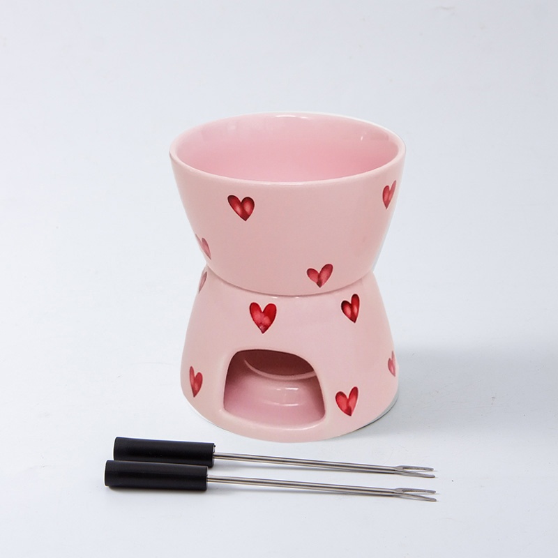 TEMU . -Fondue-Kessel mit 2 Gabeln, niedliches Herz-Muster Keramik-Butter-Isolationsset, Fondue-Schüssel-Set für Käse Schokolade Butter Hochzeit