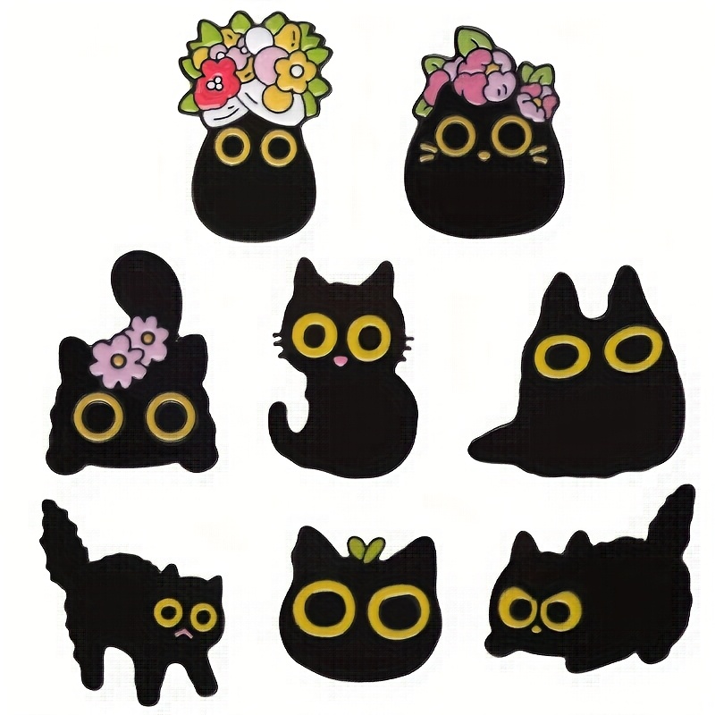 TEMU Set Of 8 Adorable Flower-themed Black Cat Cartoon Brooches, Perfect For Decorating Collars, Scarves, Or Backpacks. Metal Enamel Pins For And Are