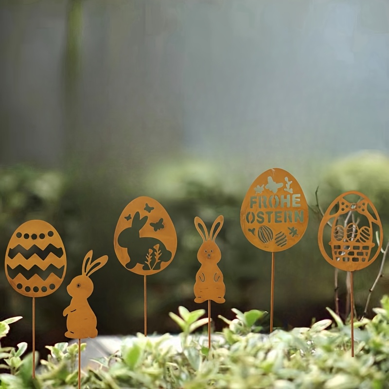 

6-pack Rustic Metal Easter Bunny & Egg Garden Stakes, 3d Silhouette Rust , Vintage Style Floor Mount Outdoor Decor For Yard, Lawn, Pot & Farmhouse, No Electricity Or Battery Needed