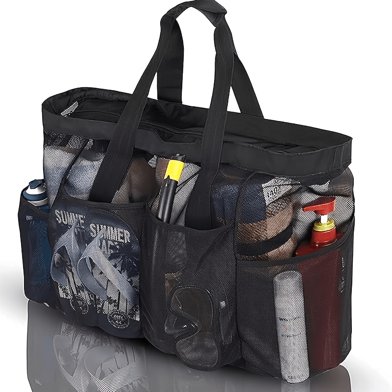 TEMU Large Beach Tote With Mesh Pockets, Zipper Closure, And Multiple Compartments, A Durable Nylon Beach Bag Perfect For Family Beach Vacations, ,