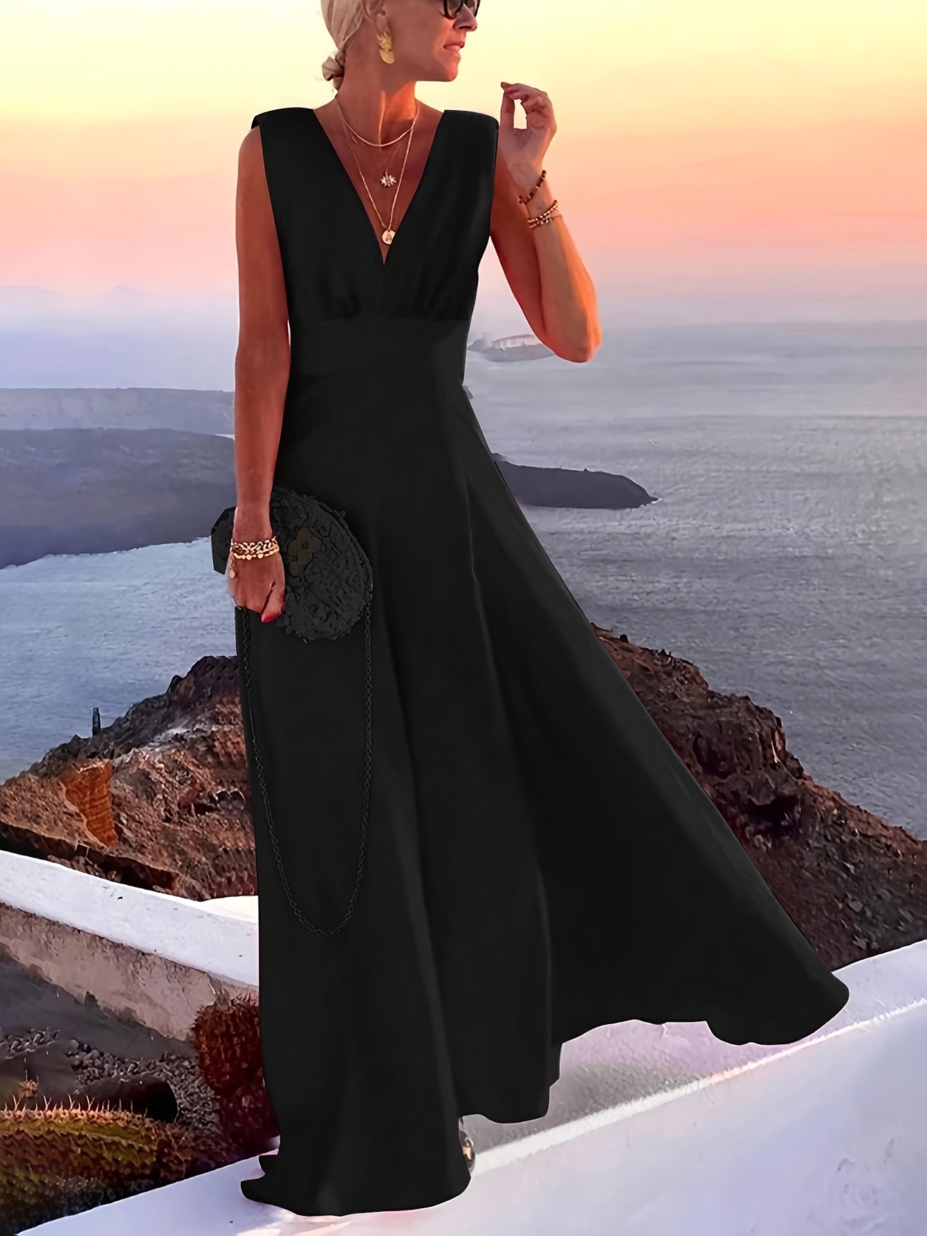 womens stylish sleeveless black v neck maxi dress golden Temu