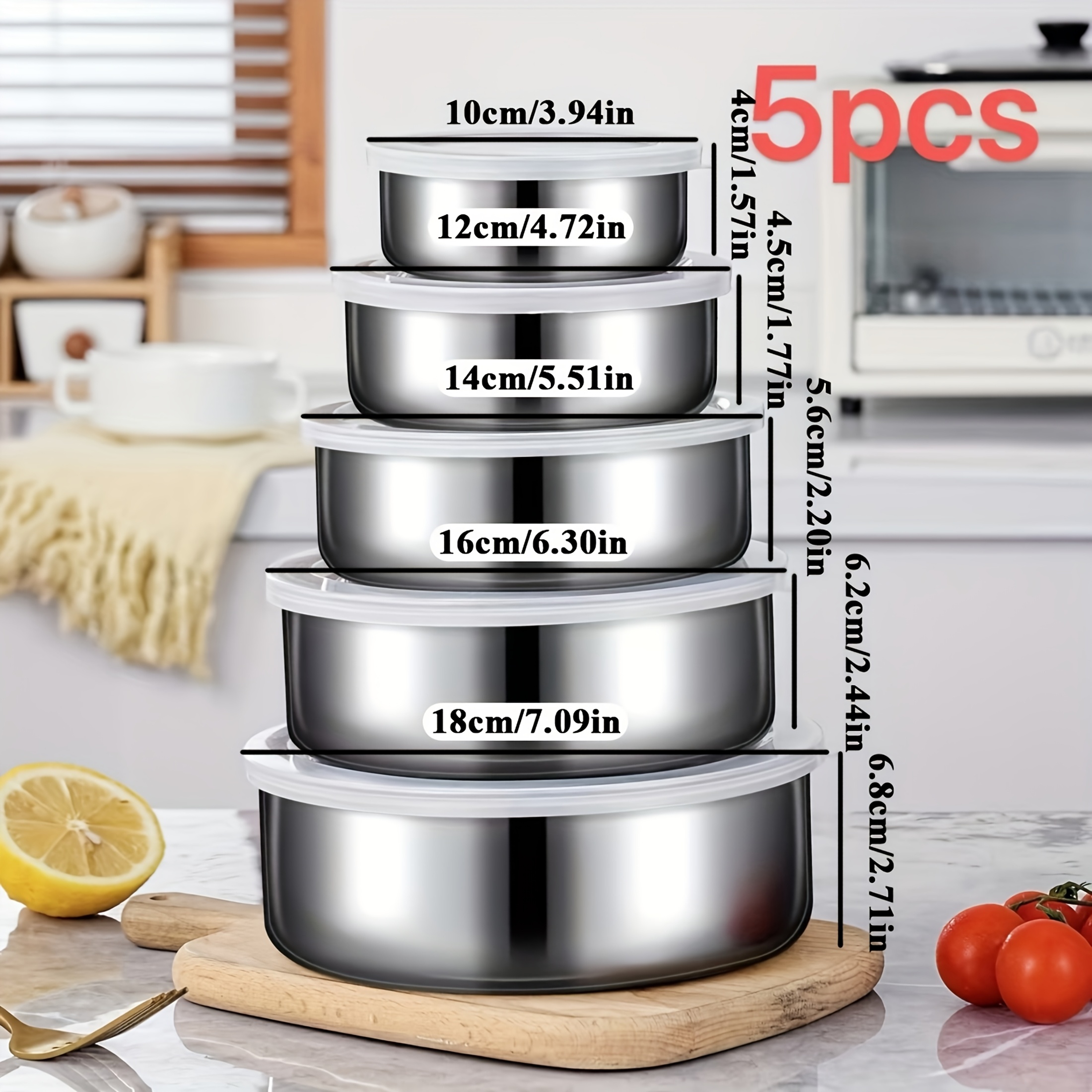 TEMU 5pcs Reusable Outdoor Food Storage Set, Stainless Steel Bowls With Circular Sealed Lids, Great For Storing Fruits, Vegetables And Snacks, Ideal