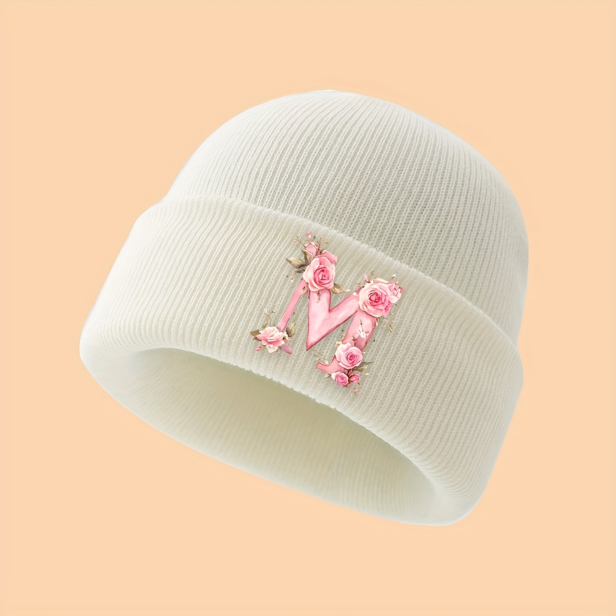 1pc Brimless Knit Beanie For Girls (3-10yrs) W/ Gorgeous Rose And Letter, Soft/breathable/warm, Ideal For Daily Use/ & Birthday/festival Gifts For Daughters/granddaughters
