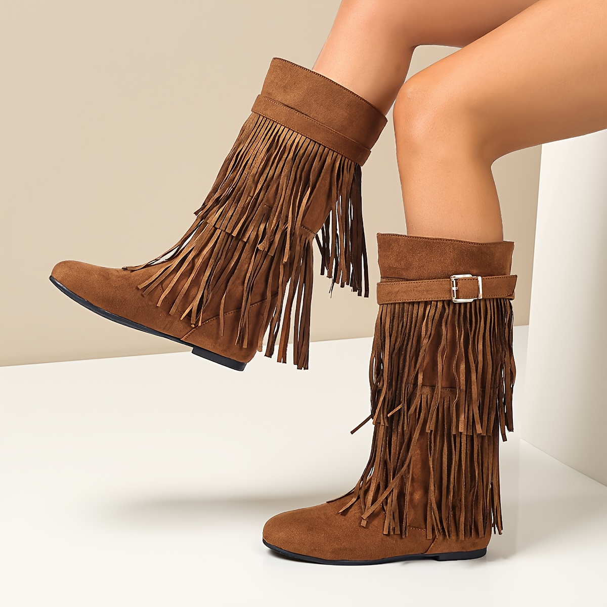 TEMU European And Women's Boots, Featuring Pleated Design, Side Zipper, And Tassel Details. Mid-calf Flat Boots Are Suitable For Daily Commutes,