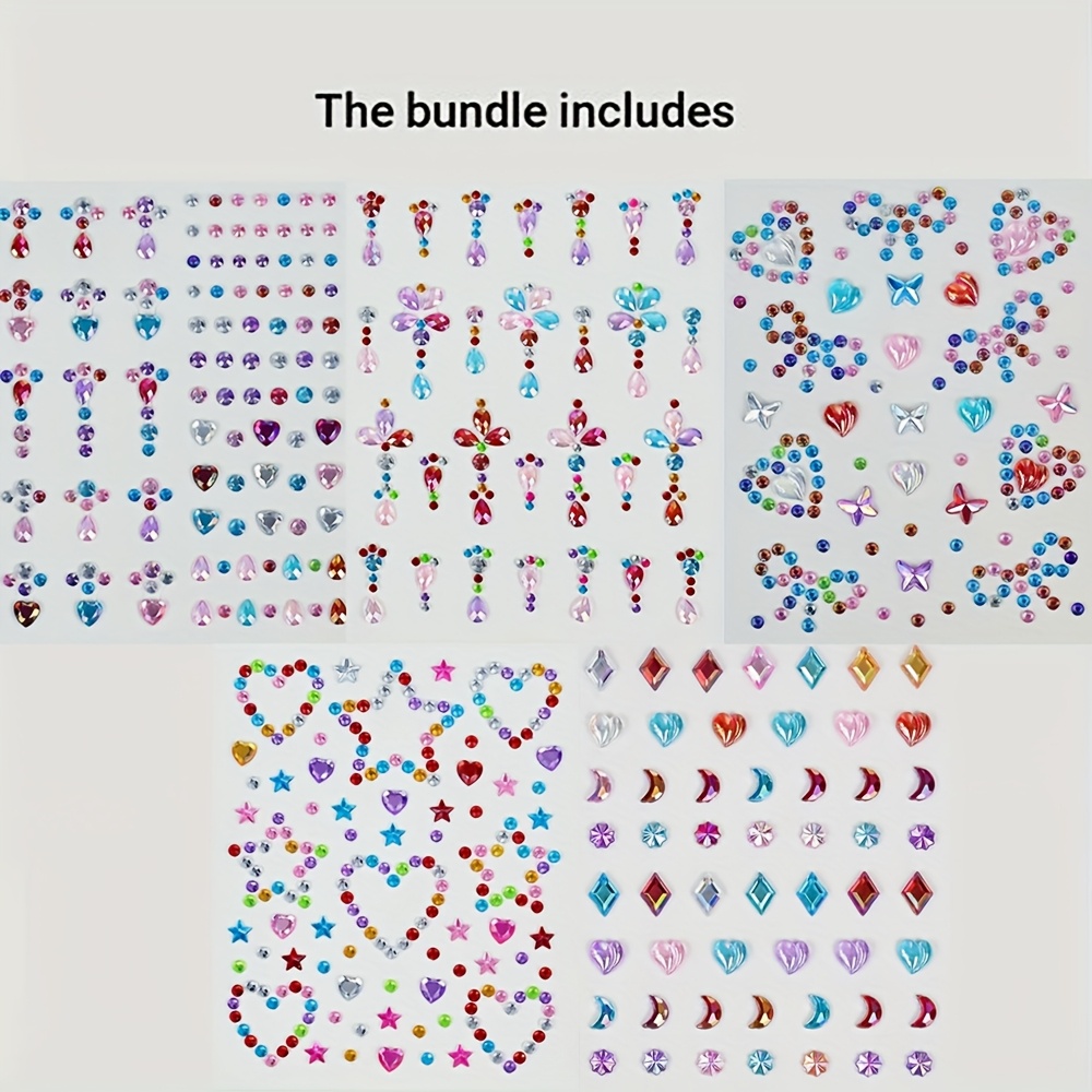 E-shop 5 Stück/Set Funfere Herz & Stern Rhinestone Gesichtssticker - Bunte Glitzer Edelsteine für Make-up, Nagelkunst und festliche Dekorationen,