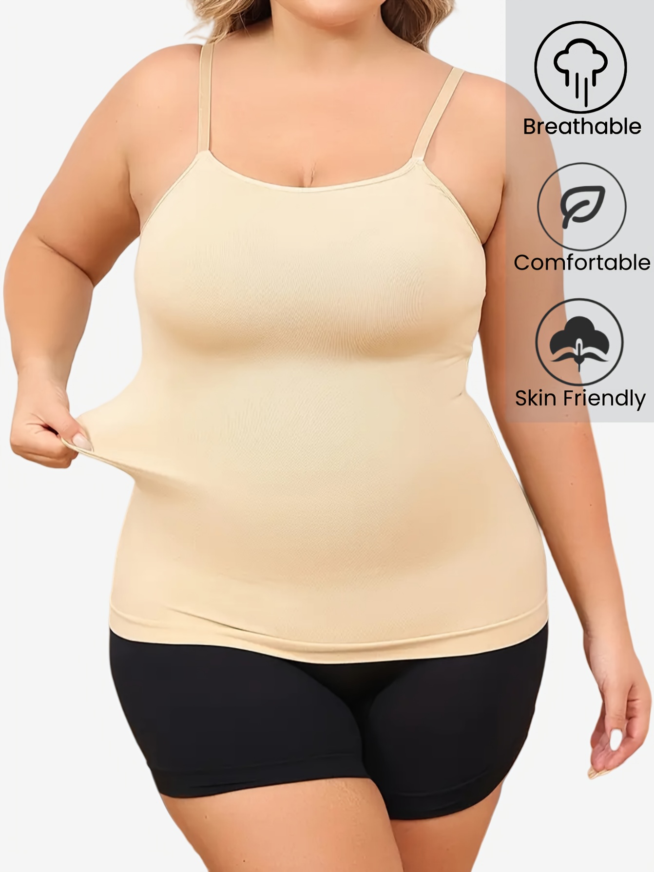 1pc   collection womens plus size cami shapewear top breathable adjustable straps light beige friendly   fit solid color for underwear or outerwear posture support casual attire seamless shapewear  able undergarment tube neckline top no padding design apricot 0