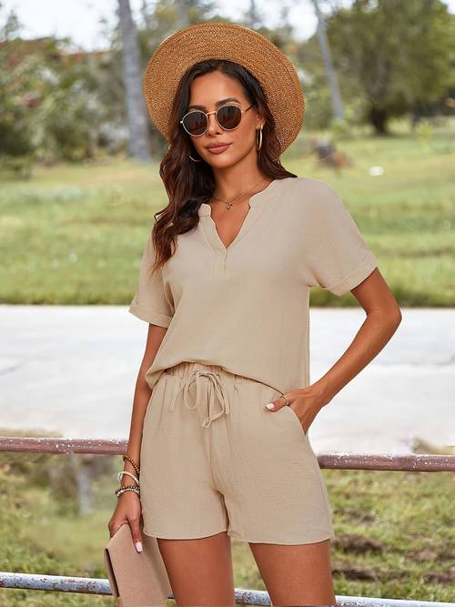liangsheng womens 2pcs textured fabric v-neck jumpsuit set na may drawstring top at high-waisted shorts