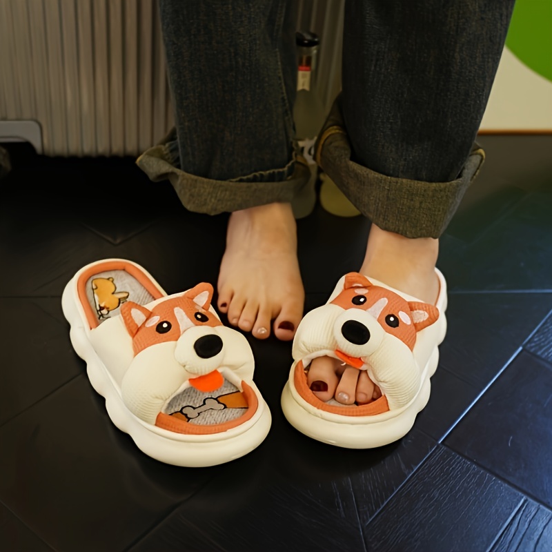 

Cute Dog Design Slippers, Casual Open Toe Linen Sole Shoes, Comfortable Indoor Home Slippers