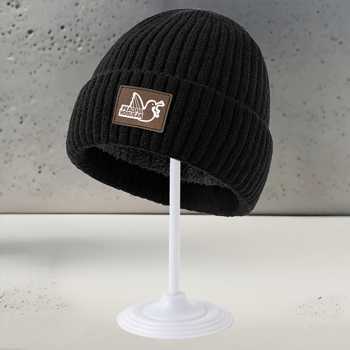 TEMU Letter Pattern Beanie Label Casual Brimless Hat Unisex Ear Warmer Winter Cold Protection Hat Fleece Thickened Warm Pullover Cap Lightweight Ski
