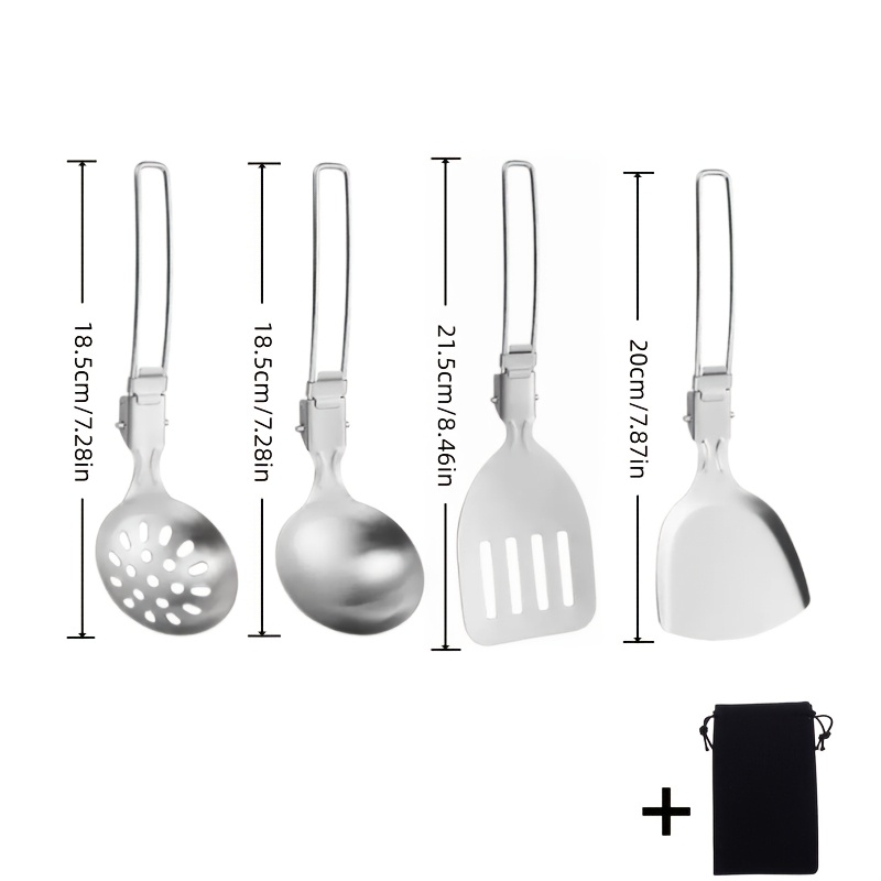 TEMU 304 Stainless Steel Foldable Cookware Set, Foldable Soup Spoon, Slotted Spoon, Spatula, Slotted Spatula, Portable Outdoor Camping Picnic Kitchen