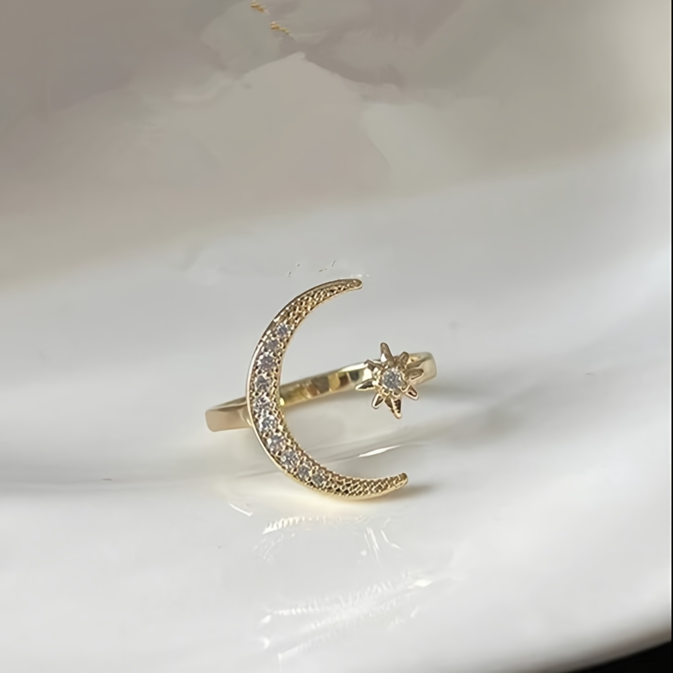 Rhinestone Star & Moon Adjustable Open Ring for Women