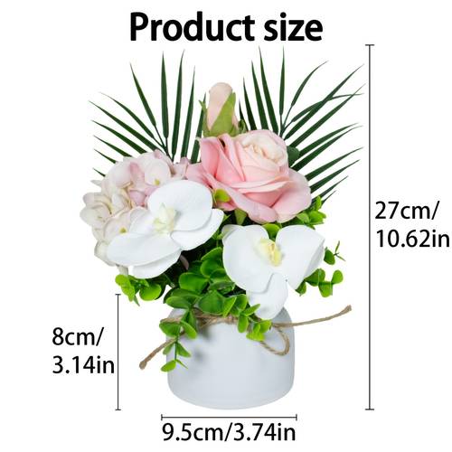 künstliche phalaenopsis-orchidee & rose im topf mit rosa rosen, weißen blüten & realistischem grünen laub – pflegeleichtes kunstblumen-arrangement für hochzeit, büro-dekor, tisch-mittelstück, behälter inklusive (kein gießen)