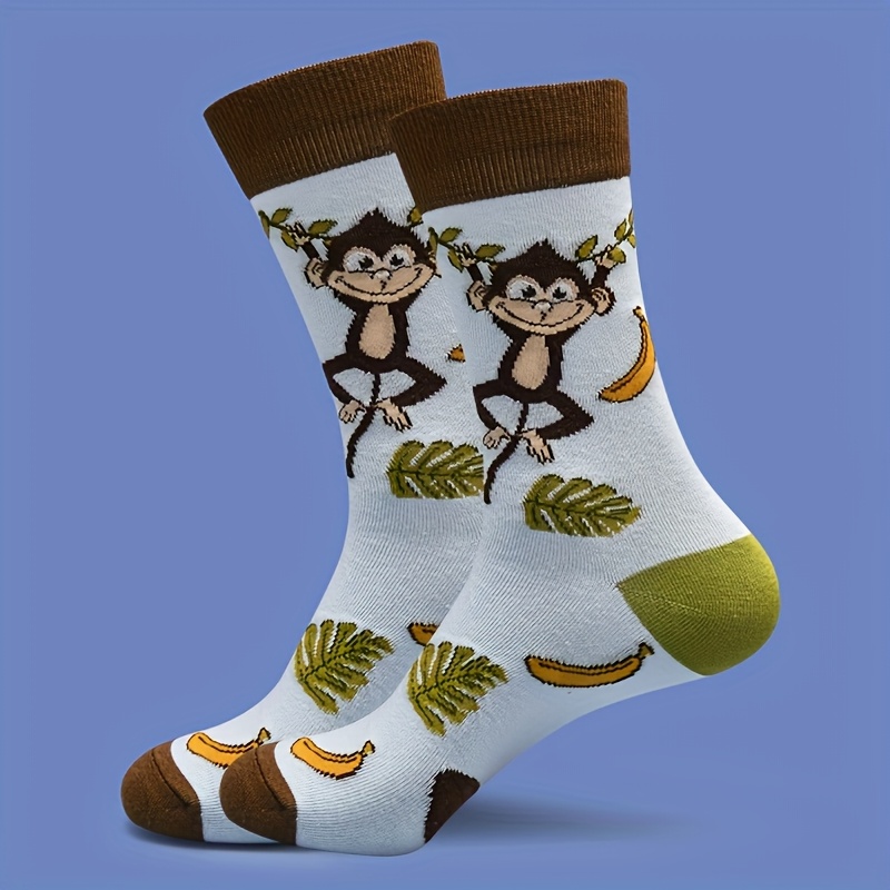 TEMU 1 Pair Unisex Monkey Socks, Comfortable Breathable Knee-length Knit Fabric, Polyester 97% Spandex 3%, Animal Pattern, Hand Wash Only, Ideal Gift