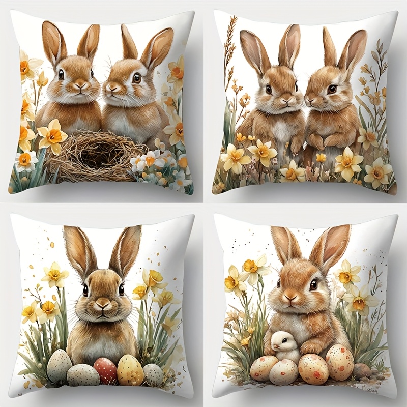 

4pcs Set Easter Bunny Pillowcases, 17.72" Square, Soft Polyester, Zippered Closure - Rabbit & Floral Room, Bedroom Decor - Machine Washable, No Inserts, Rabbit Accessories