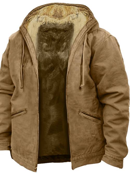 mens vintage full zip hoodie with faux fur trim and allover print winter coat machine washable brown rey streetwear ski activity clothing regular fit mens winter jacket