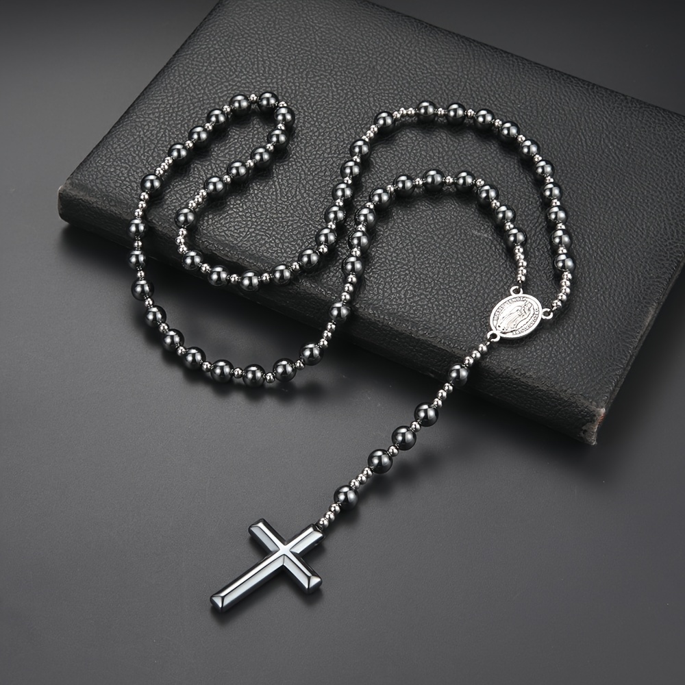 

1pc Fashion Hematite Beads Rosary Necklace With Metal Cross Pendant, For Men And Women