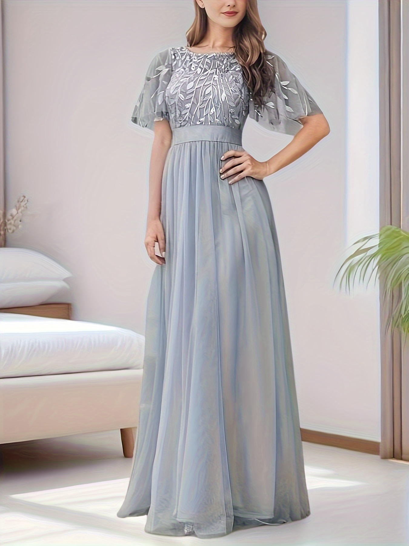 Plus Size - فستان سهرة أنيق بحجم كبير مع زينة زهور - فستان حفلات بدون أكمام بأسلوب A-Line، لون صلب، إغلاق بسحاب، قمة ملائمة وتنورة طويلة للزفاف والولائم والمناسبات الرسمية، ملابس زفاف للضيوف | فستان مزخرف بالزهور | خطوط مريحة