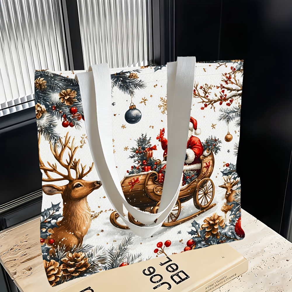 TEMU 1pc, Christmas Santa Sleigh Reindeer Theme Women's Shoulder Bag, Multi-functional, Handbag, Clutch, Evening Bag, Travel Essential, Exquisite ,