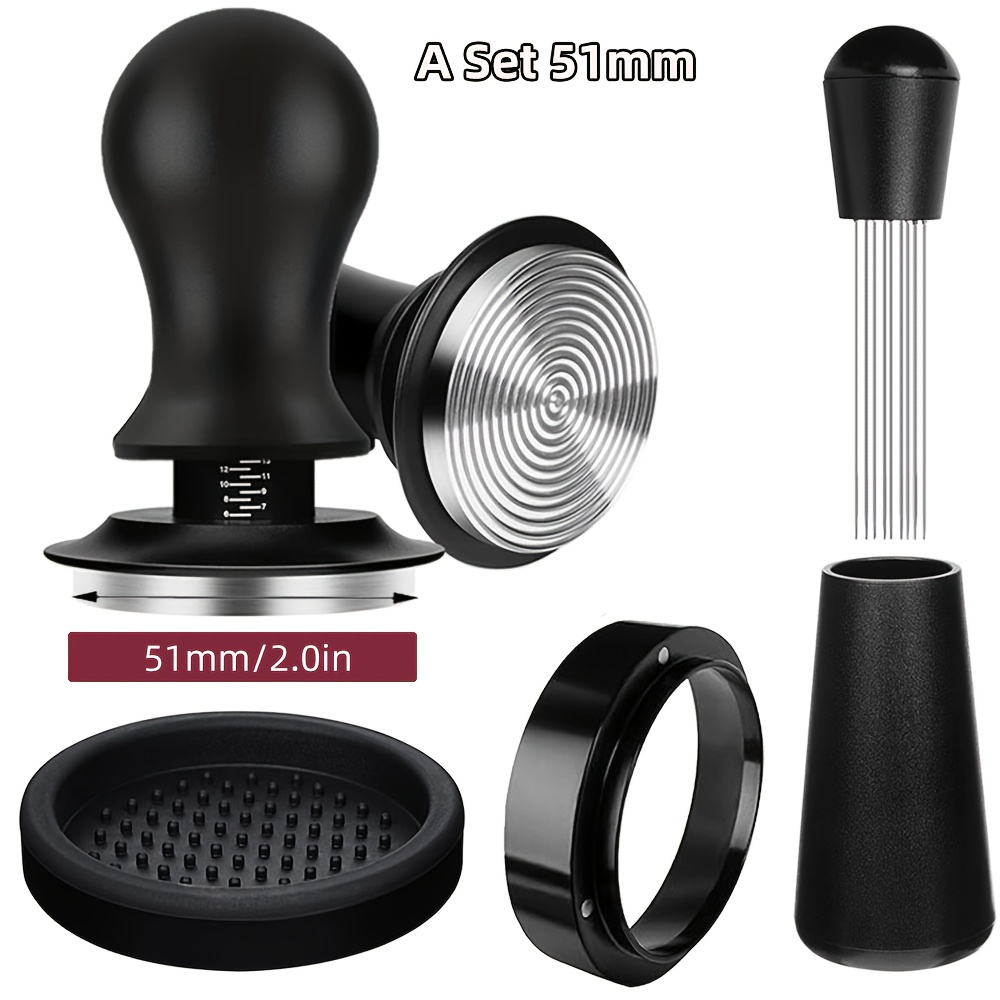 E-shop 51mm/53mm/58mm Espresso-Kaffeestampfer mit Skala einstellbarer Federkraft, Edelstahl-Wellenbasis, eloxierter Aluminiumgriff Ständer,