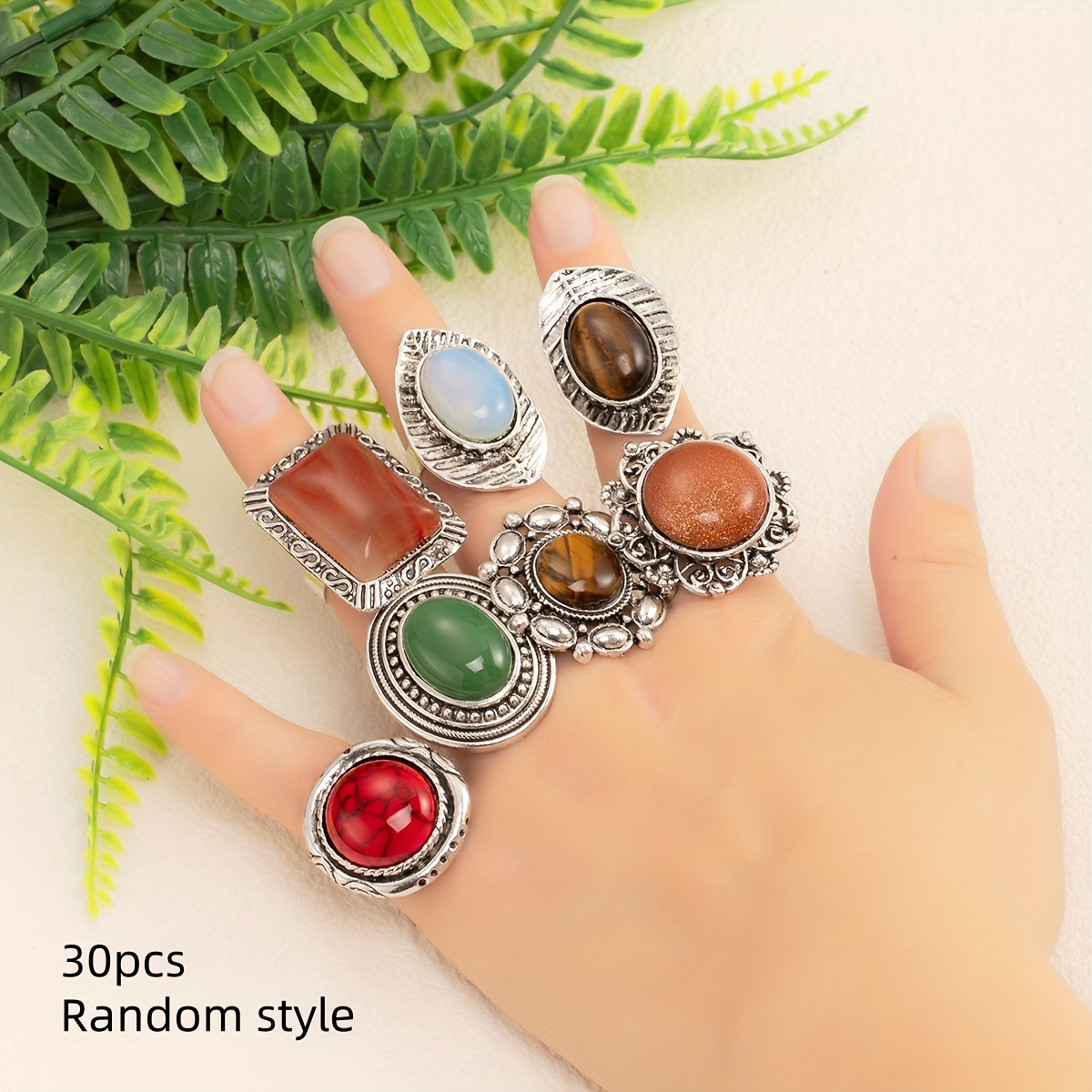 TEMU Wholesale 30pcs Vintage Synthetic Gems Assorted Stone Tiger Eye Turquoise Agate Opal Adjustable Open Rings For Women Men Mix Style Retro Jewelry Party Gifts Wedding Jewelry