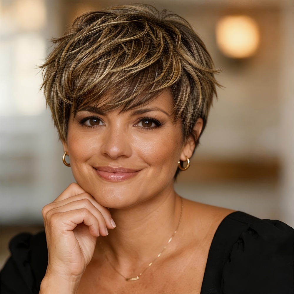 TEMU Perruque Femme Cheveux Humains - Cheveux Humains, Coupe Courte et Lisse avec Frange, Mélange /Blond (4/27#) | Véritables Cheveux Humains, 150%,