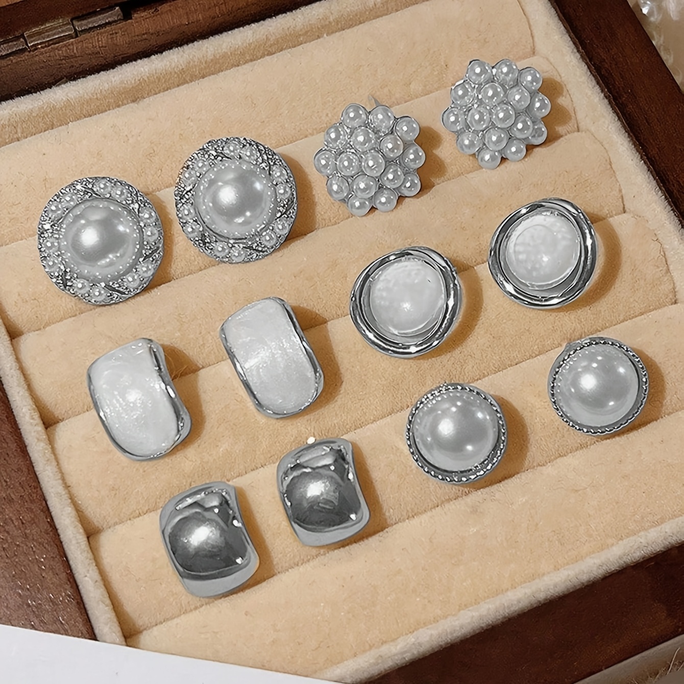 6 pair vintage elegant   style fashioned shiny round and square glass imitation pearl stud earrings set stainless steel and   alloy suitable for daily and party occasions